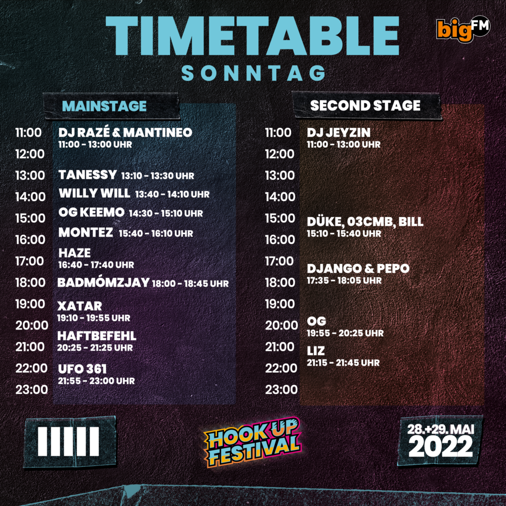 Timetable Sonntag HOOK UP FESTIVAL 2022 KARLSRUHE RAP HIPHOP